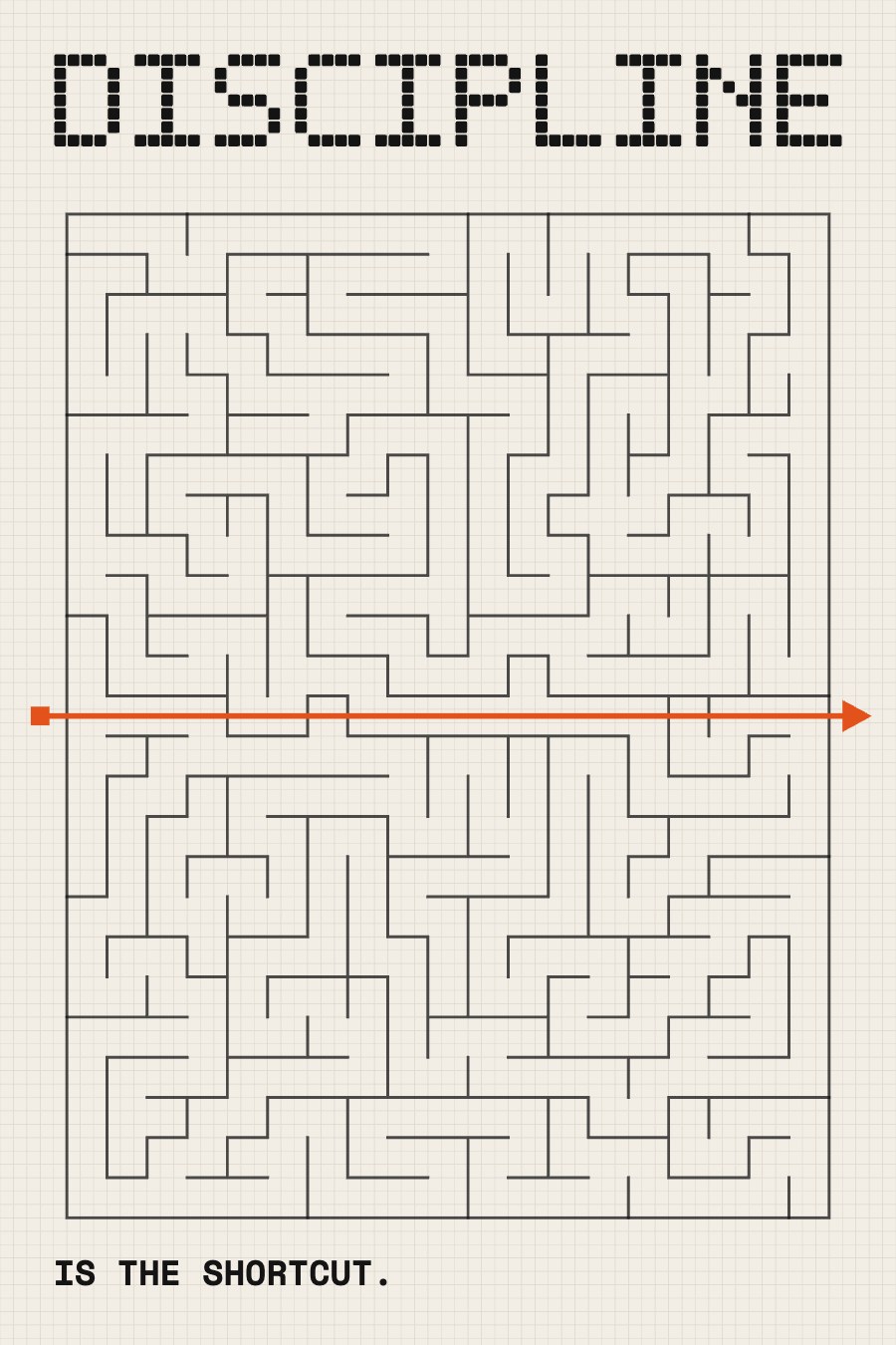 Grid poster on bone: DISCIPLINE over a dense maze cut straight through by a red line