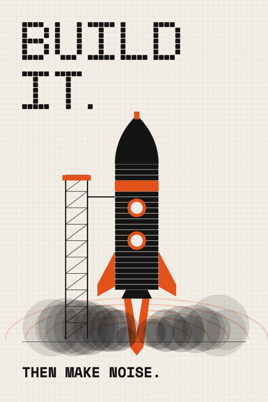 Bone grid poster: BUILD IT. with a rocket lifting off its tower in smoke