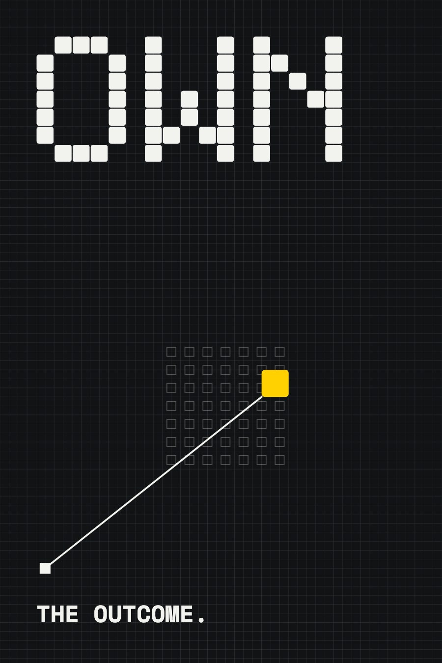 Grid poster: OWN in white module capitals on black, one gold square at the end of a long diagonal