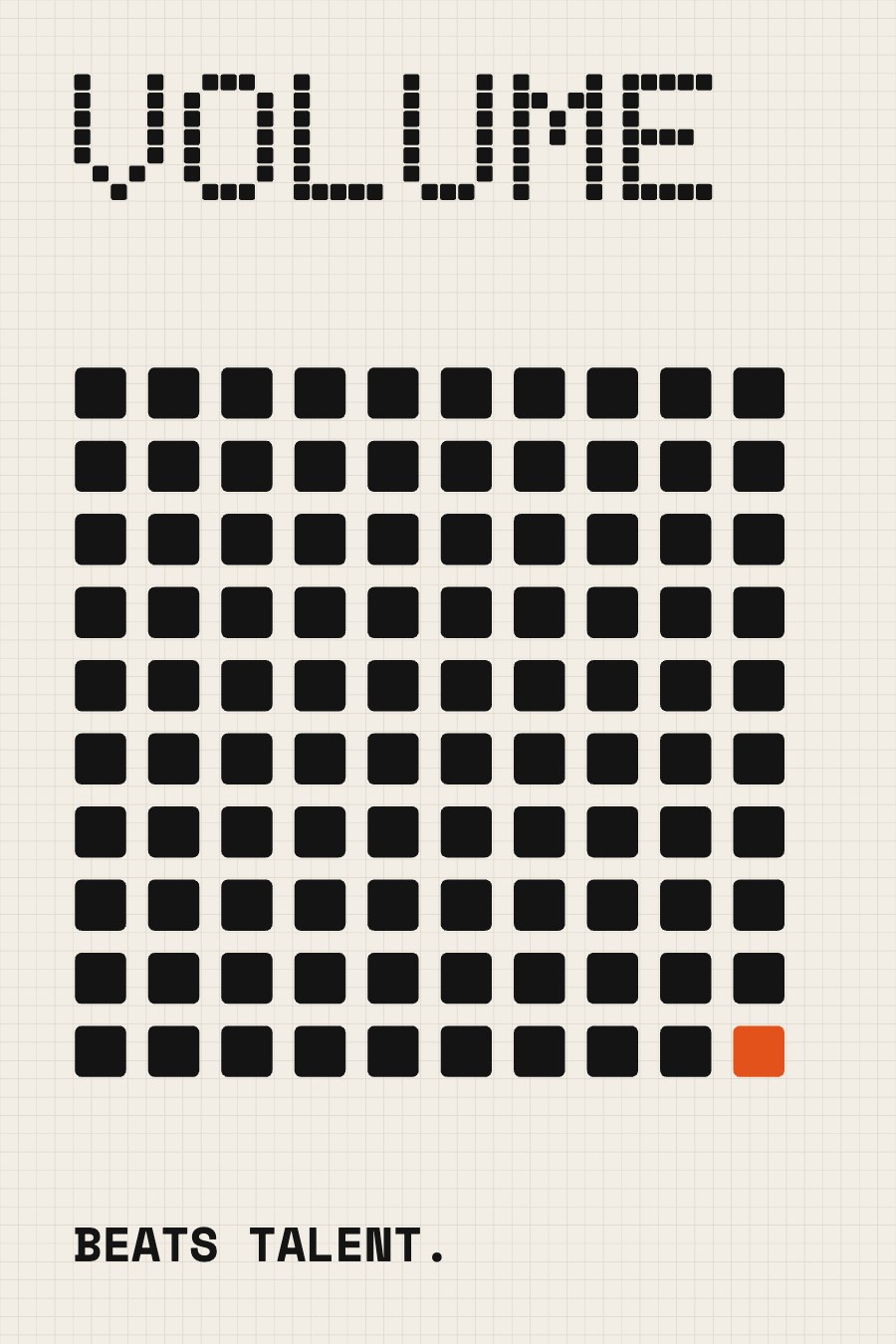 Bone grid poster: VOLUME over rows of black squares, one in orange