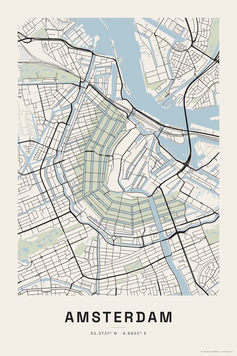 Custom map poster of Amsterdam in a classic atlas style with canals