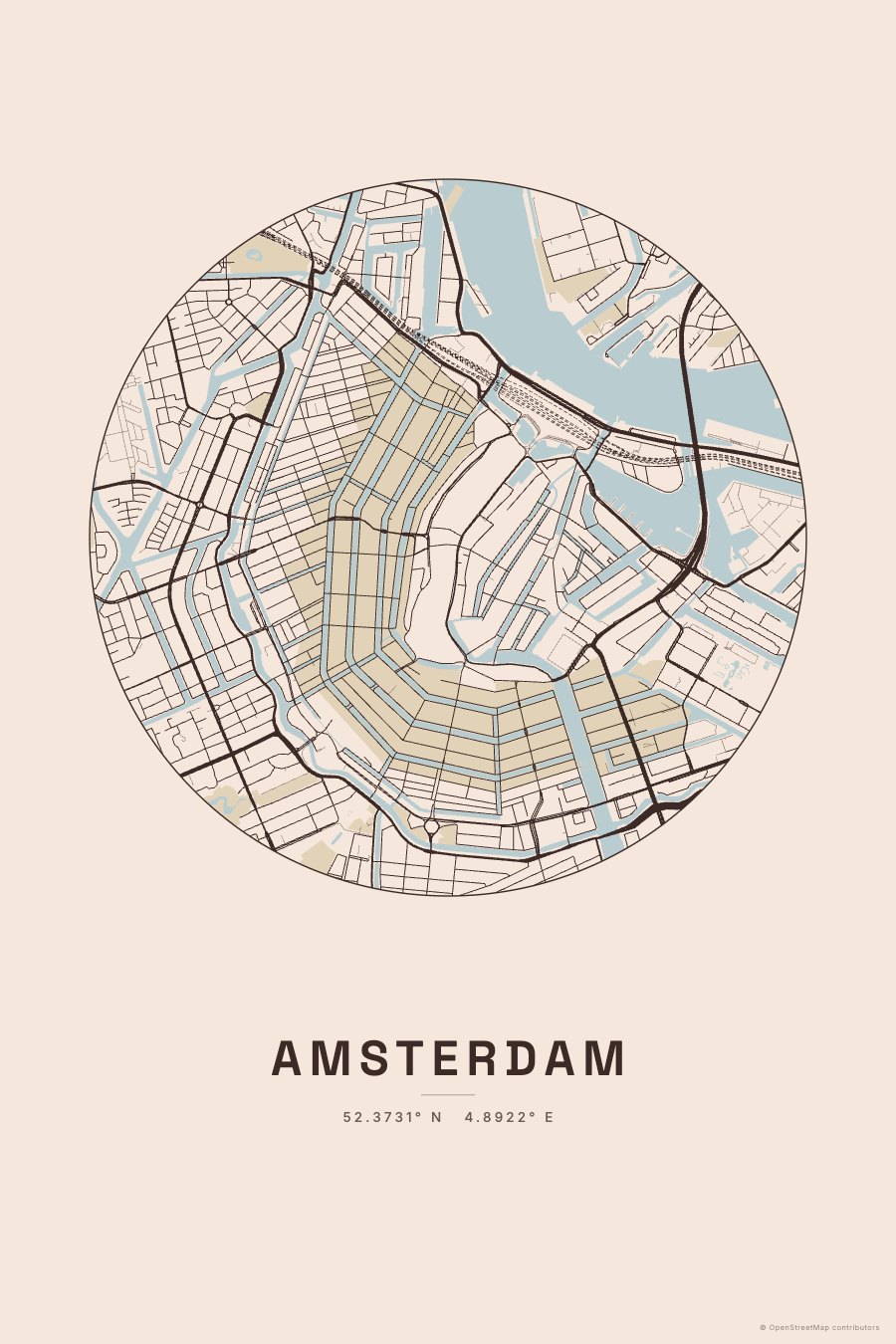 Circular map poster of Amsterdam on warm paper