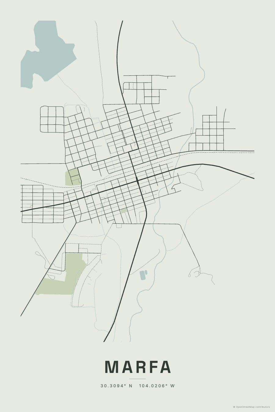 Map poster of the small town of Marfa, Texas, showing its street grid