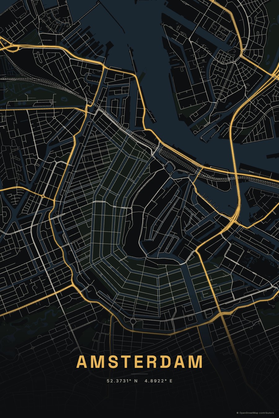 Dark map poster of Amsterdam with gold main roads