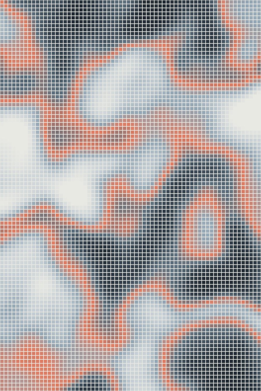 Generative art poster: soft pixel mosaic in grey and coral