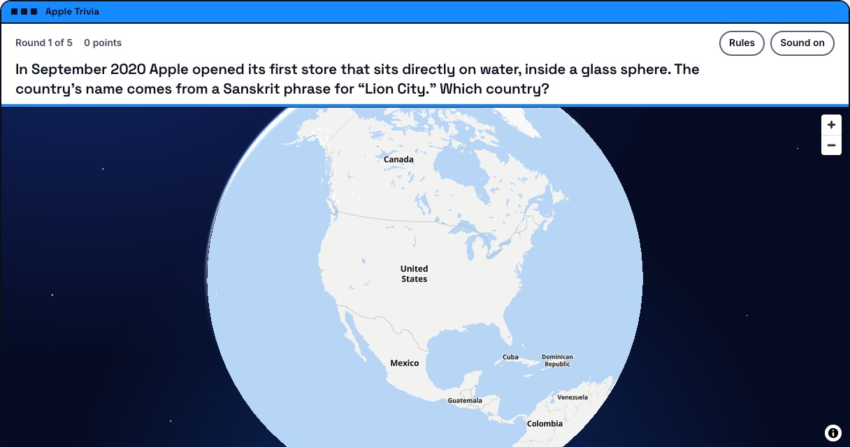 Apple Trivia: a clue about Apple history above a 3D globe you tap to guess